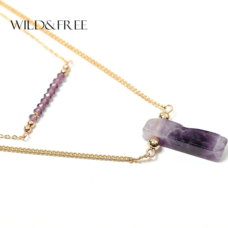 

Women Vintage 2 Layer Gold Chain Natural Stone Pendant Necklace With White Purple Green Crystal Bead Collar Necklace Jewelry