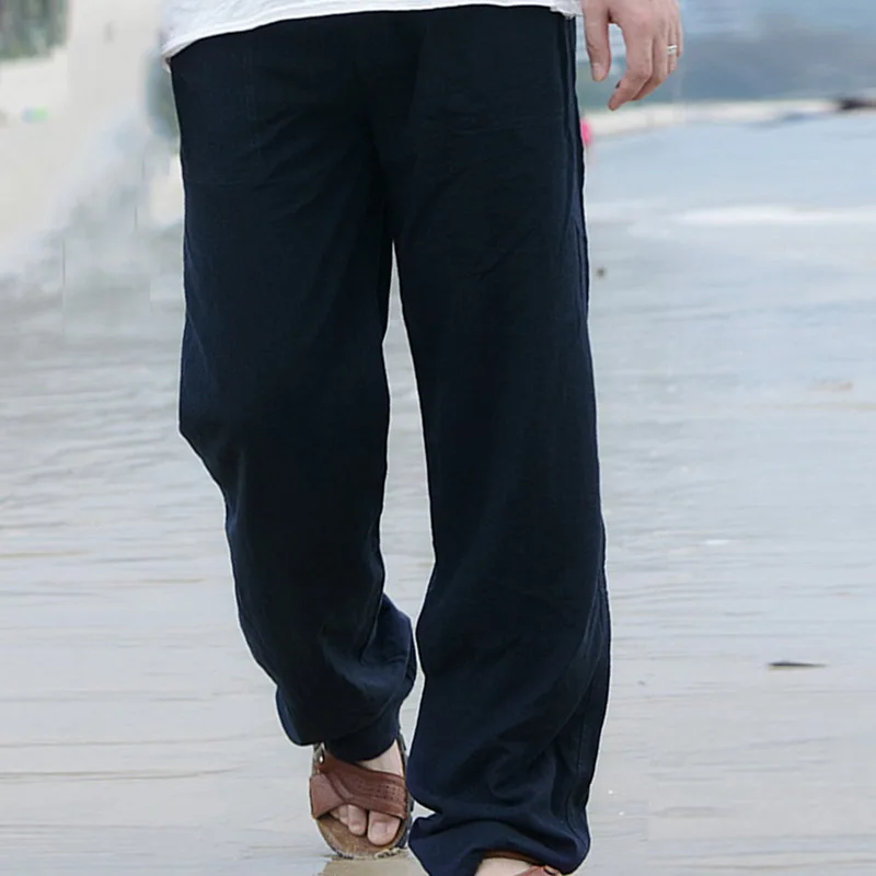 

MJARTORIA 2020 Male Casual Natural Cotton Linen Trousers Linen Elastic Waist Straight Men's Pants Natural Cotton Linen Pants