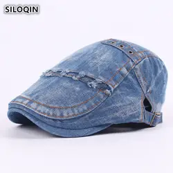 SILOQIN 100% джинсовой мыть ретро берет для Для мужчин Для женщин мода дышащий язык Кепки Регулируемый Размеры пара Шапки унисекс сомбреро