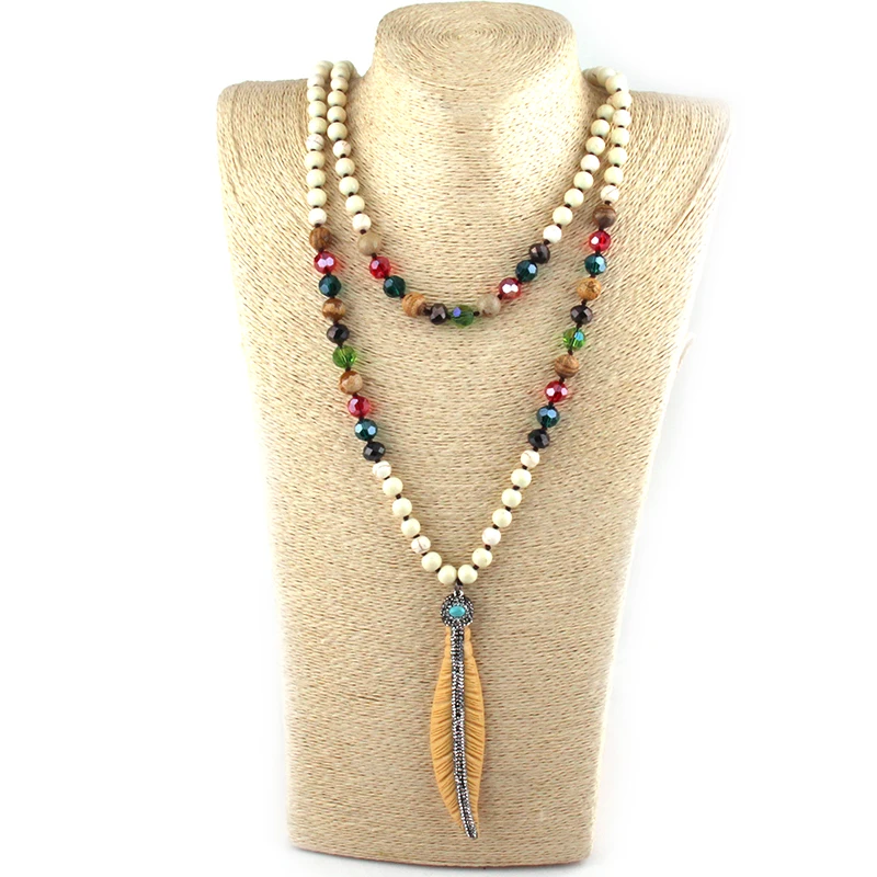 

Fashion Fashion Bohemian Jewelry Mumti Stone Glass Long Knotted Paved Leaves Pendant Necklaces For Women Ethnic Necklace