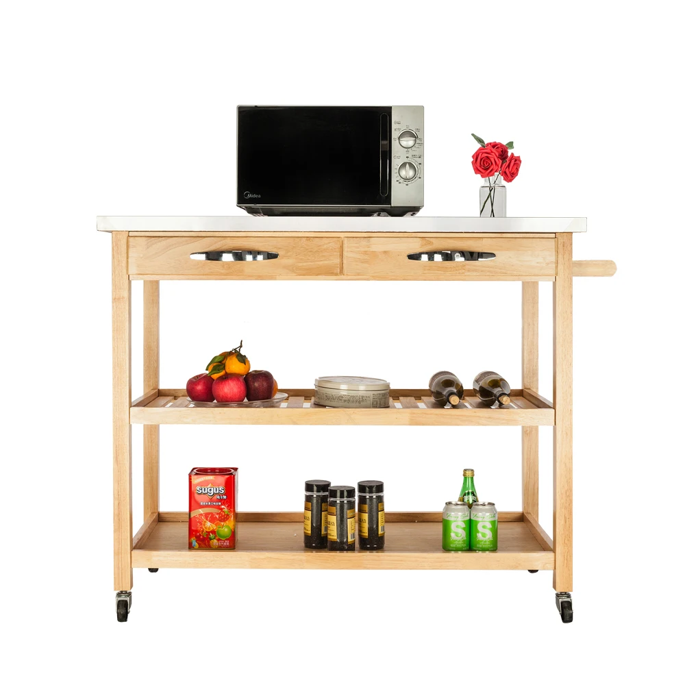 

FCH Moveable Kitchen Cart with Stainless Steel Table Top & Two Drawers & Two Shelves Burlywood