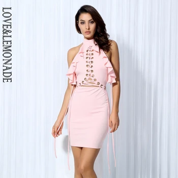 

LOVE & LEMONADE Pink Cut Out Ring Cross Straps Ruffles Dress LM0150