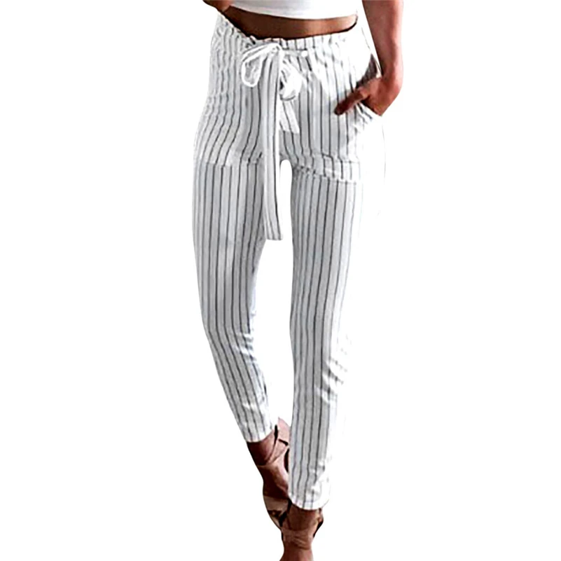 

2018 Striped Strechy Elastic High Waist Harem Pants Women Bowtie Belt Slim Long Trousers Women's Casual Capris With Pockets sexy