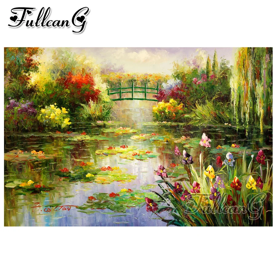 

FULLCANG full square/round drill diy diamond painting claude monet lotus pond scenery 5d mosaic embroidery sale home decor FC725