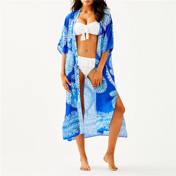 

2019 Long Print Beach Cover up Pareos de Playa Mujer Beach Wear Plus size Bikini Cover up Robe Plage Sarong Beach Tunic