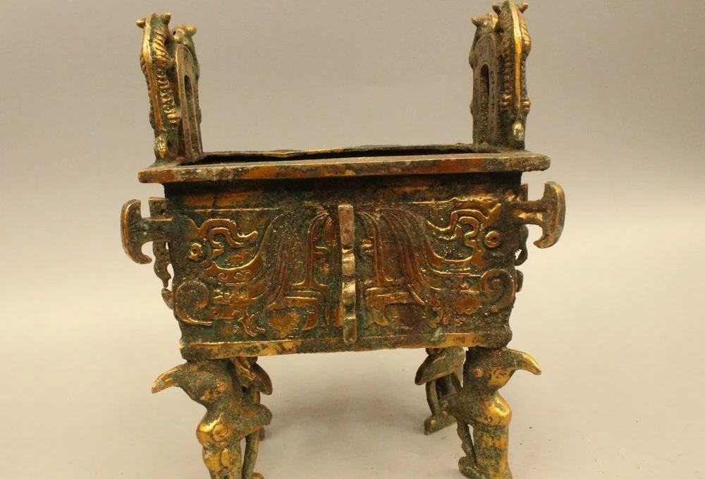 

8" Ancient Chinese Dynasty Bronze Gild 4 Foot Square Dragon Ding Incense Burner