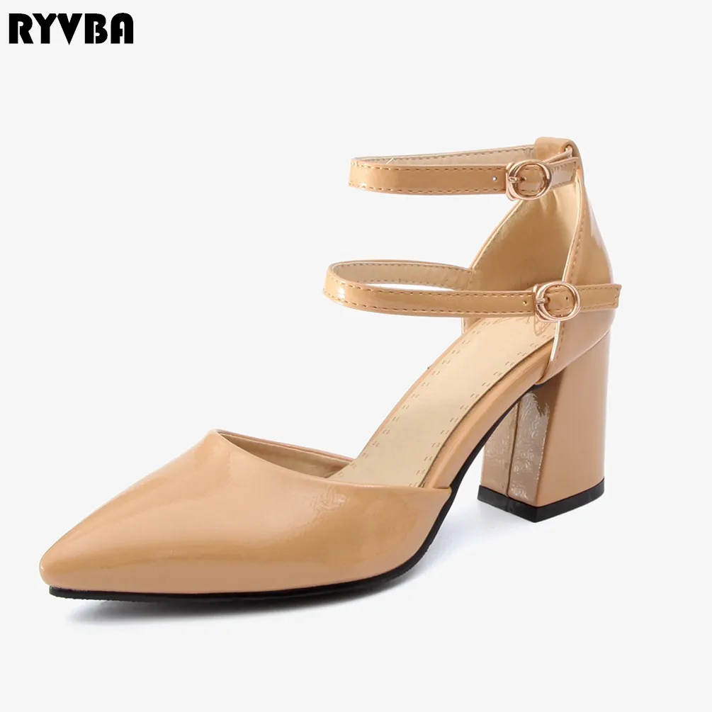 

woman thick high heels sandals party ladies patent sandal women summer pointed toe shoes sandalias de verano para mujer 2019 new