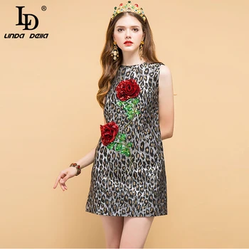 

LD LINDA DELLA Summer Fashion Designer Vintage Dress Women's Beading Sequined Appliques Leopard Printed Elegant Short Dresses