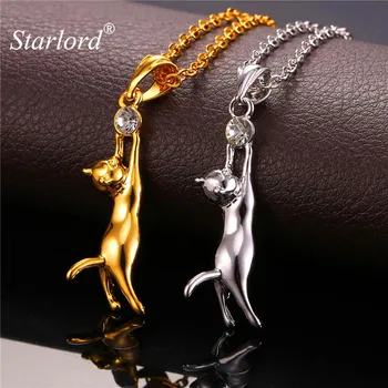 

Starlord Cute Cat Pendant Necklace For Women Lucky Pet Jewelry Gift 55cm Yellow Gold Color O Chain for Men Women Wholesale P644
