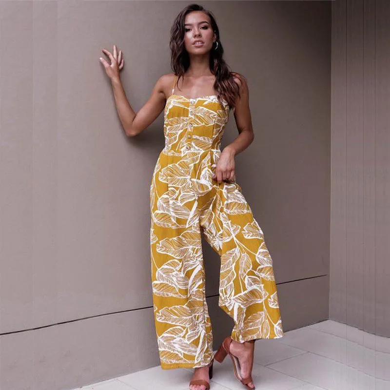 

Women's Boho Floral Print Sleeveless Jumpsuit Wide Leg High Waist Spaghetti Strap Womens Romper 2019 Summer Beach Clothes Women