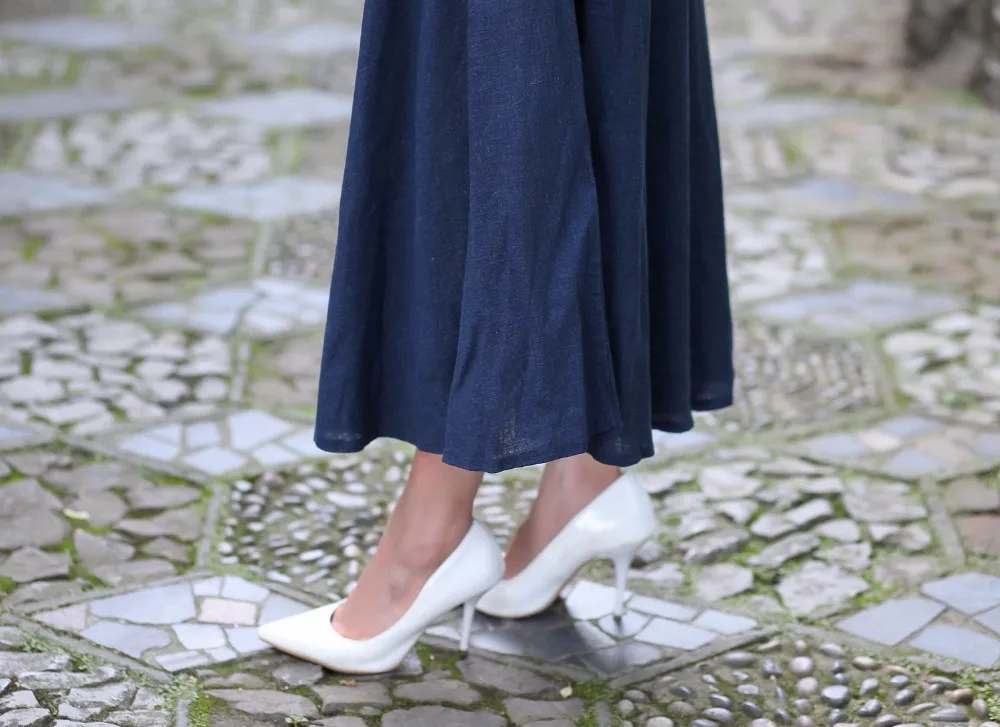Темно-синие женские хлопок белье юбка китайский Для женщин длинные плиссированные юбки новые летние Повседневное расклешенные юбки