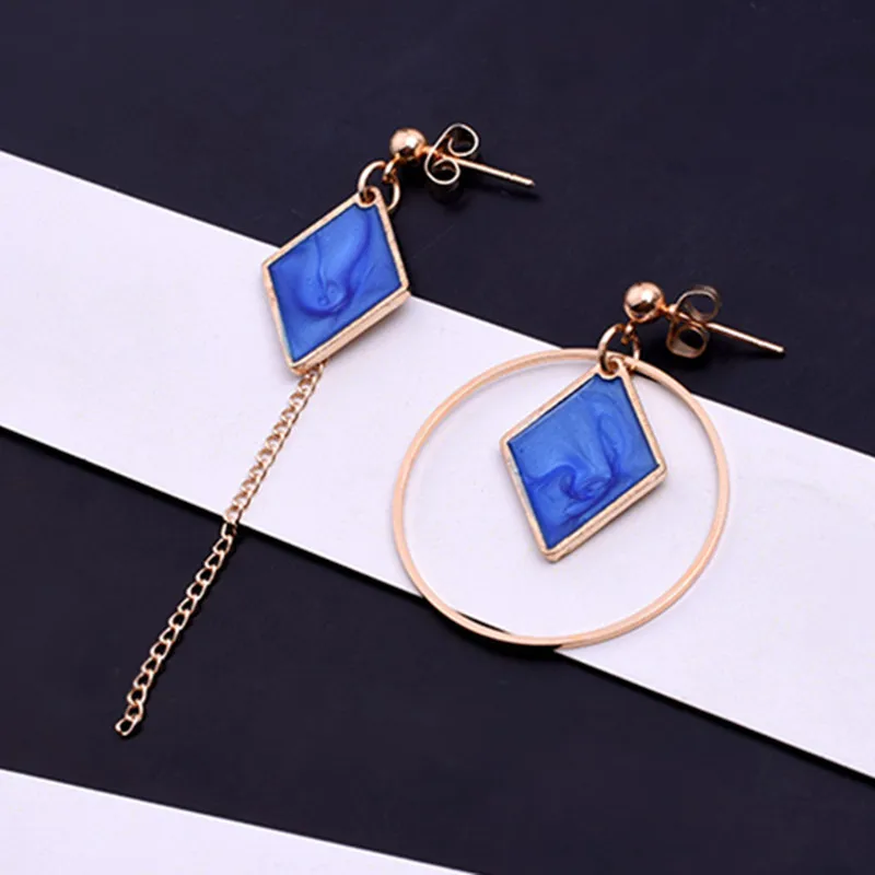 

Blue Color Square Shape Round Circle Earrings Temperate Asymmetric Earrings For Women Tassel Drop Earrings Fashion Jewlery E0340