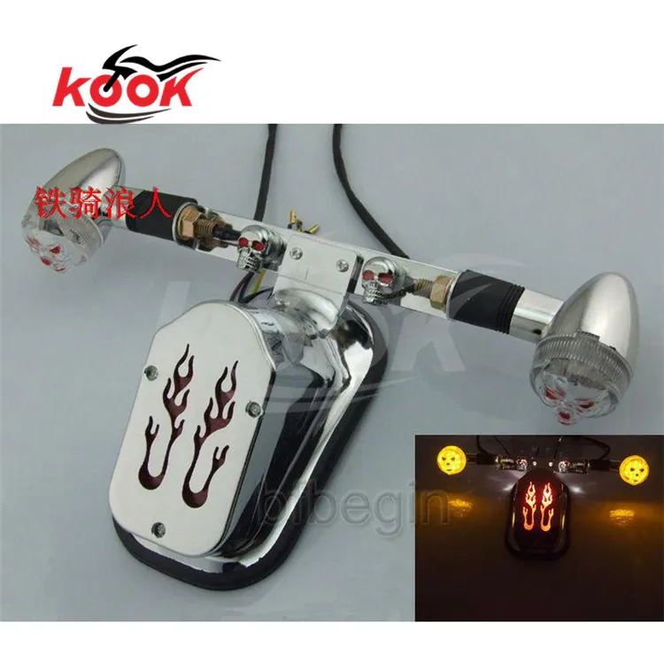 

chrome motorcycle tail light for Harley Davidson LED motorbike brake lights fire decals rear indicator with turn signal lamp red