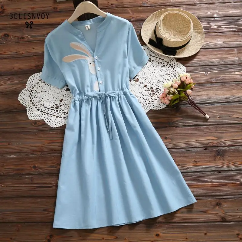 

Mori Girl Summer Women Rabbit Embroidery Dress V-neck Drawstring Blue Femininos Vestidos Short Sleeve Elegant Dress