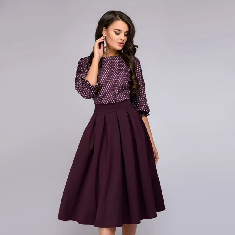 

Women Vintage Dot Print A-line Party Dress Flare Sleeve O-neck Mid-Calf Elegant Dresses 2018 Autumn New Fashion Chic Women Dress