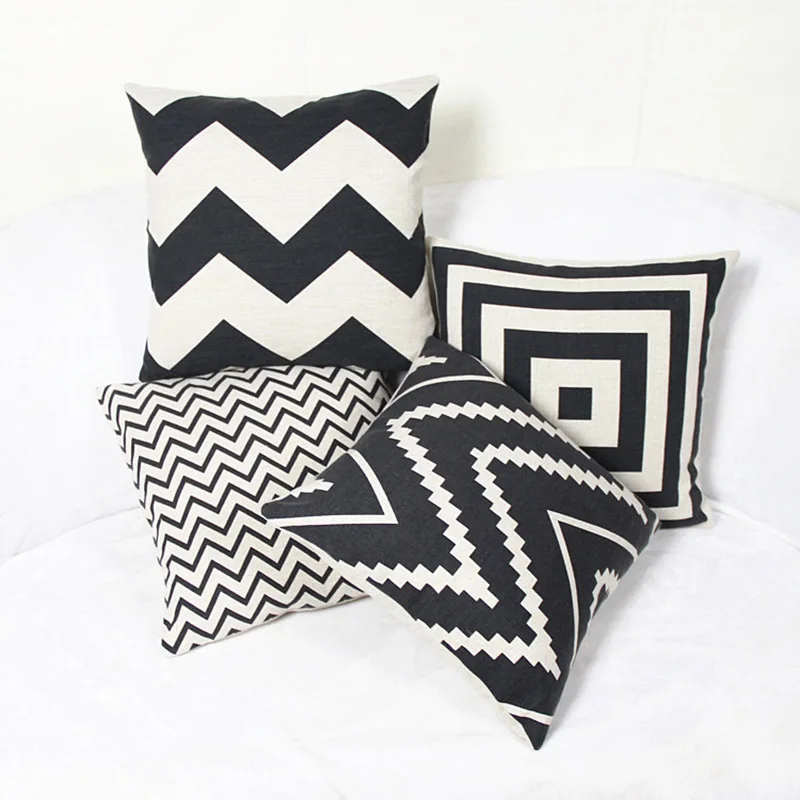 

European company gift custom cotton linen blended pillow cushion Nordic provisions black and white geometric pattern printed