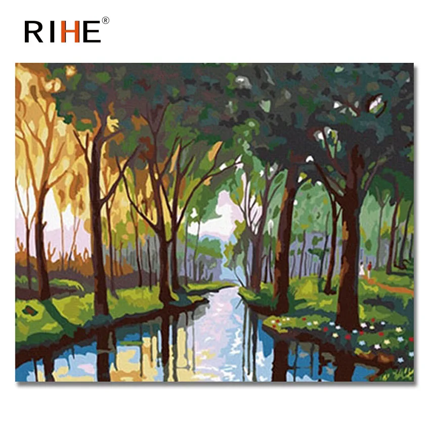

RIHE Green Trees Diy Painting By Numbers Abstract Landscape Oil Painting On Canvas Cuadros Decoracion Acrylic Wall Picture 2018