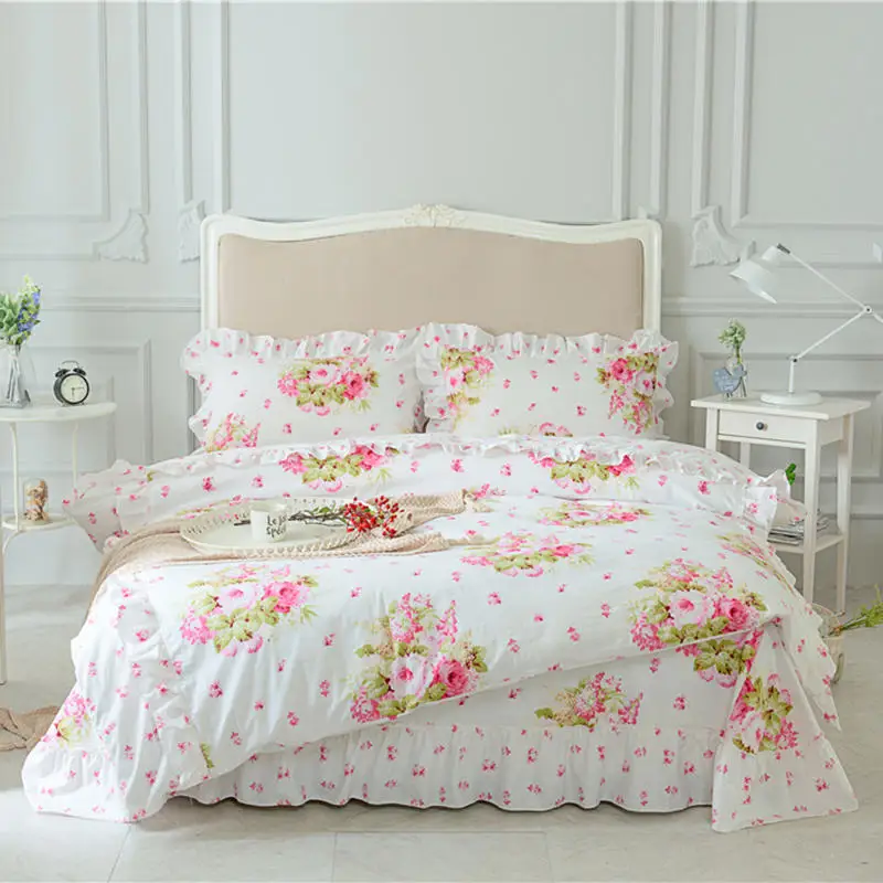 

Pink Green Purple 100%Cotton Girls Queen King size Bedding Set Korean Princess Floral Print Bed Sheet set Duvet Cover Pillowcase