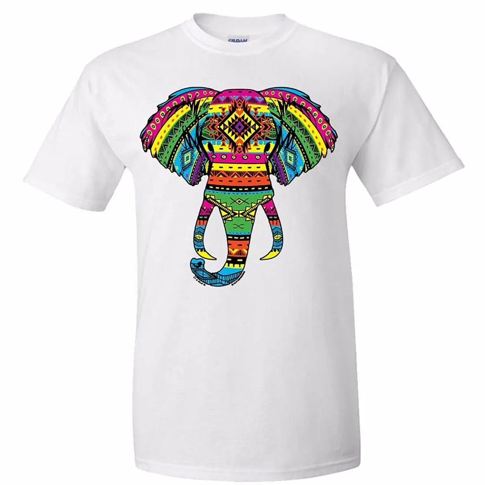 Novelty T Shirts Crew Neck Men Tribal Neon Print African Elephant Head