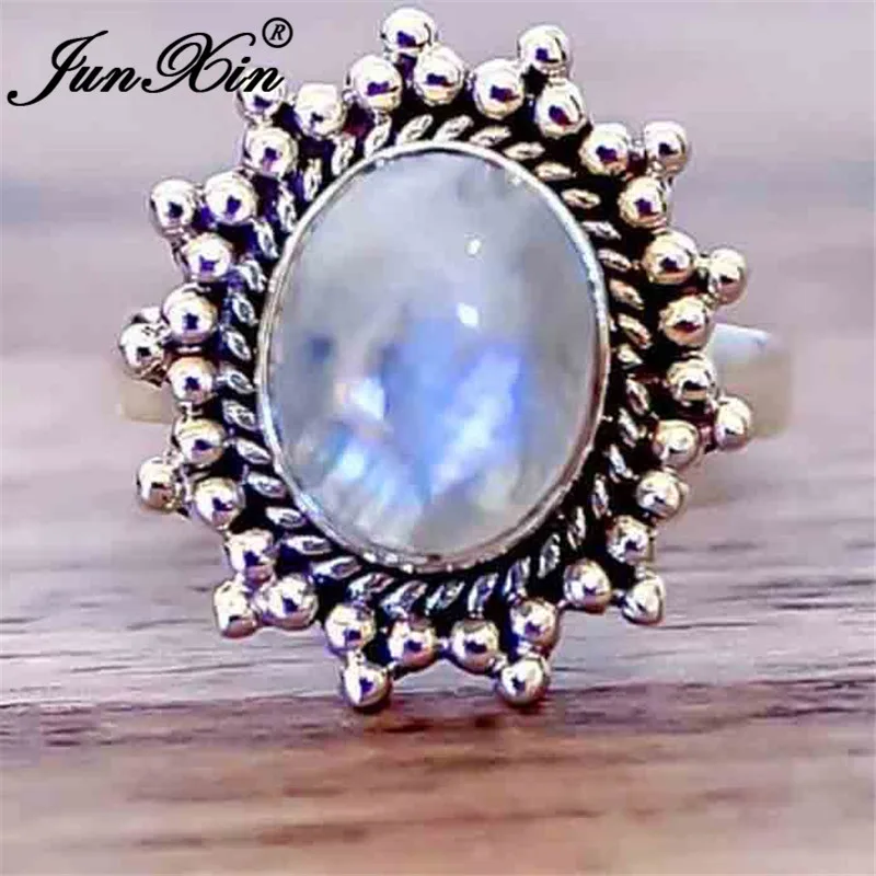 JUNXIN Boho овальные кольца с лунным камнем для женщин, античное 925 Серебряное заполненное кольцо с белым опалом, женское мужское кольцо с большим камнем, ювелирное изделие