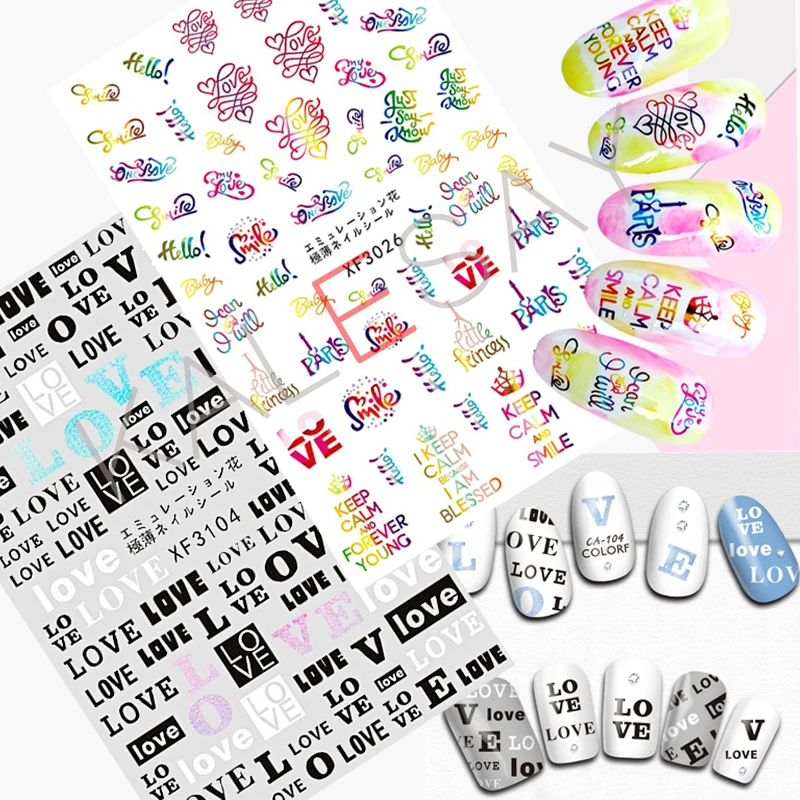 

LOVE Text Tag Nail Sticker for Nails Decoration Self Adhesive Smile Happy Face Label Decals Manicure Design PARIS HELLO Stickers
