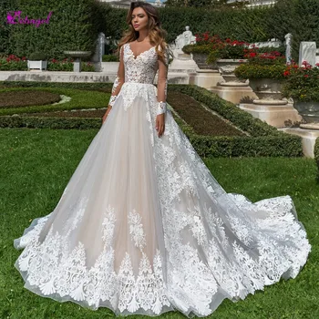 

Detmgel New Arrival Court Train Appliques A-Line Wedding Dresses 2020 Luxury Scoop Neck Long Sleeve Vintage Bride Gown Plus Size