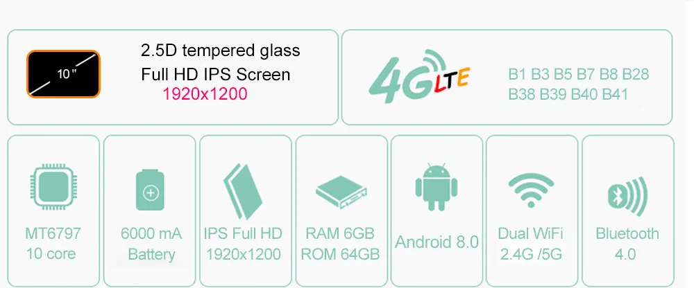 10-дюймовый планшетный ПК 4G LTE FDD 10 Core Android 8,0 2.5D стекло для планшетов 6 ГБ ОЗУ 64 Гб ПЗУ WiFi gps 10,1 'планшет 1920*1200 ips экран