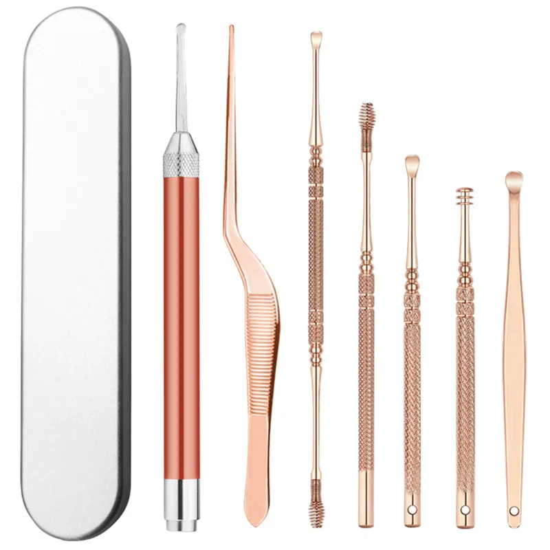 

7pcs/set LED Flashlight Ear Wax Pickers Cleaner Stainless Steel Earpick Wax Remover Curette Ear Pick Cleaner Ear Cleaner