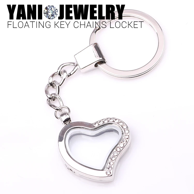 

10pcs/lot Free shipping Heart Magnetic Floating Locket Keychains Key Ring Memory Glass Living Floating Locket With Rhinestones