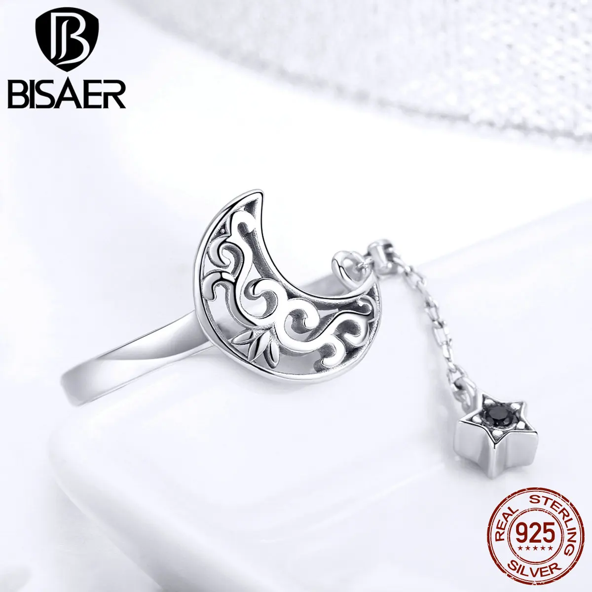 BISAER,, 925 пробы, серебро, черный, циркон, луна, звезда, кольцо на палец, длинная цепочка, звезда, кольца для женщин, Anel, ювелирное изделие ECR479