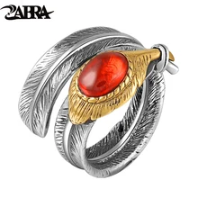 ZABRA Solid 925 Sterling Silver Red Black Zircon Feather Love Rings For Men Women Vintage Retro Thai Craft Handmade Jewelry