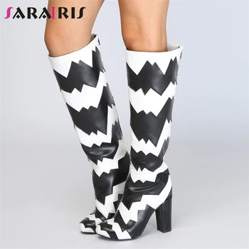 

SARAIRIS New Plus Size 34-47 Square High Heels Mixed Colors Zip Sexy Shoes Woman Casual Party Fashion Winter Knee High Boots
