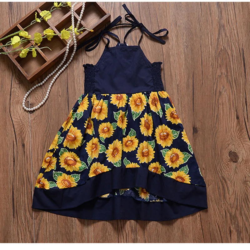 Sunflower Print Baby Girls Summer Fashion Dress Sling Lace Dress for Girls Beach Holiday Clothing Infant Floral Sunsuit (3)