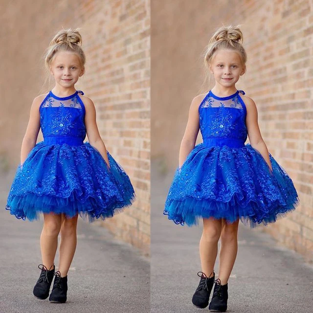 Best price at $123 Cheap Blue Little Girls Party Dresses Summer Dresses Crew Neckline Lace Appliques Ball Gown Tulle Short/Mini Little Flower Girls Dress