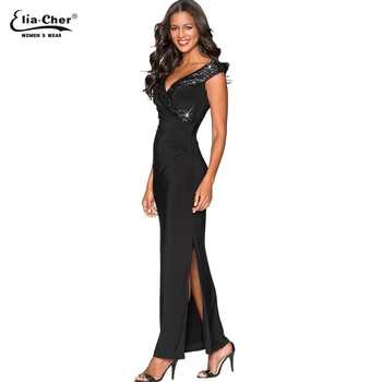 

New fashion Women ankle-length V-neck summer Dress Party Evening chic Elegant solid color work office Dress Vestidos 8990