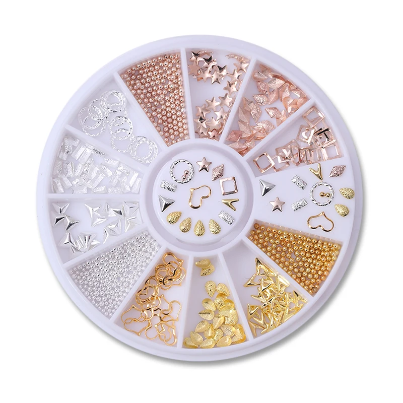 

Rose Gold Rivet Nail Studs 3D Nail Art Decoration Grey Gold Circle Star Round Square Triangle Mixed Accessories in Wheel for DIY