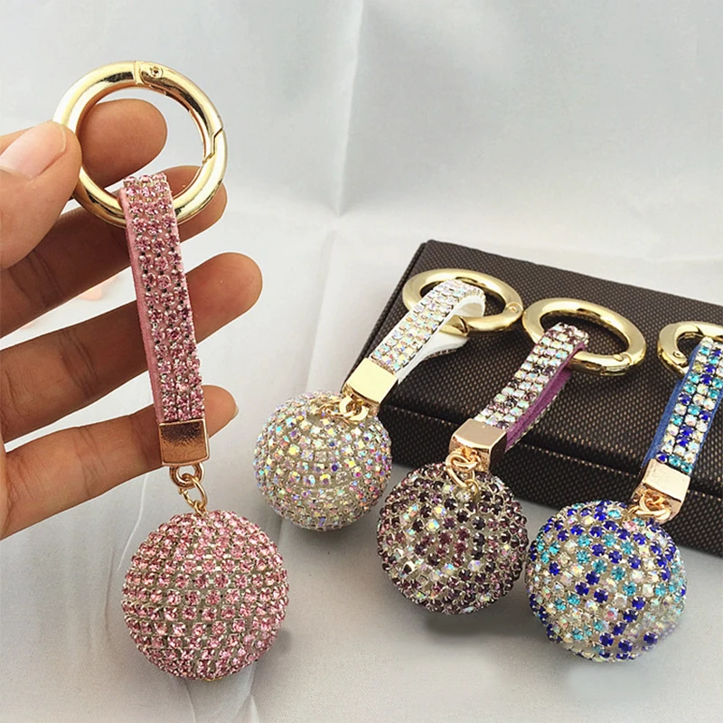 

Fashion 1PC Leather Zircon Key Chain PU Alloy High Quality 12 Colors Crystal Ball Graceful Bag Car Key Chain