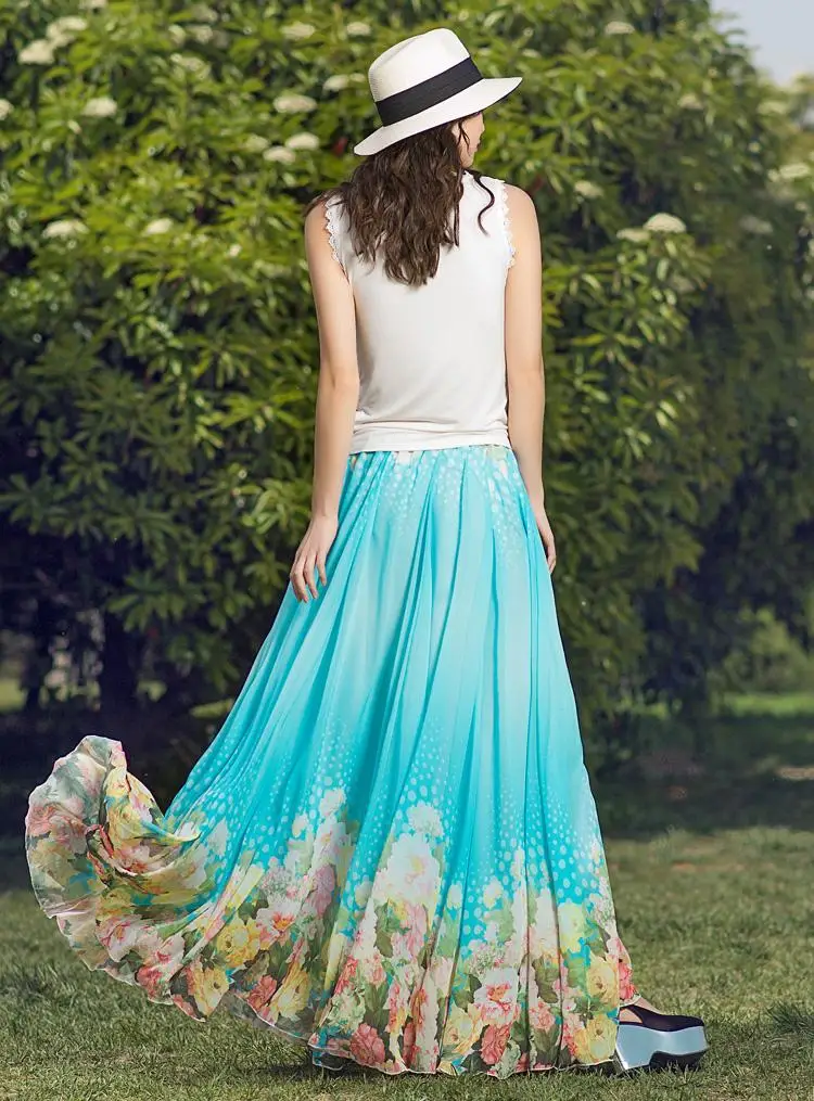 Сделанная на заказ летняя стильная Высококачественная шифоновая юбка с принтом для женщин, большие размеры, богемные синие макси длинные юбки