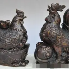 S00395 " Китай Бронза богатство деньги монета Yuanbao Ruyi курица петух Лаки Статуя Пара