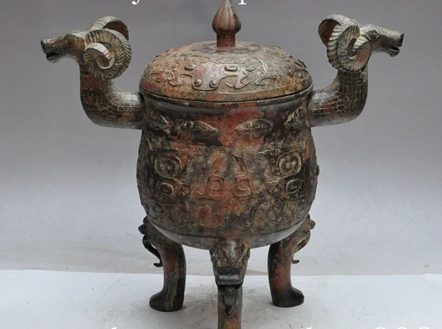 

bi002967 chinese antiques pure bronze fengshui sheep head zun tanks statue incense burner
