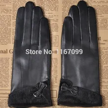 Новые черные перчатки из натуральной кожи с кроличьим мехом для девочек, модные теплые перчатки с бантом