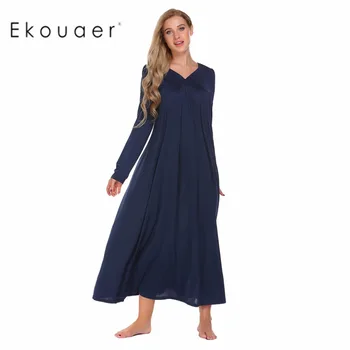 

Ekouaer Womens Long Nightgown Sleepwear Solid Loose Long Sleeve Nightdress Womens Sleep Shirt Dress Homewear Plus Size S-XXL