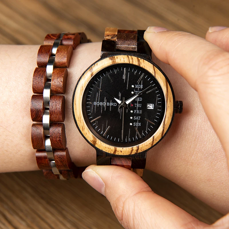 BOBO BIRD reloj hombre Wooden Bracelet Nature Wood Men Watch Handmade Auto Date Color Quartz Wristwatches Great Gifts