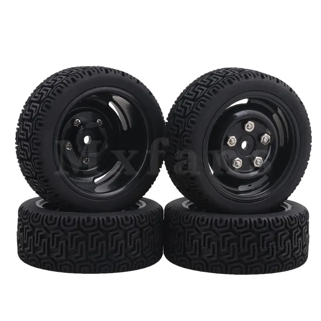 Best Offers Mxfans Black Plastic Wheel Rims + L Shape Rubber Tyres for RC 1:10 On Road Racing Car Pack of 4