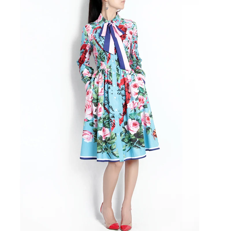MoaaYina, модное дизайнерское платье для подиума, весеннее женское платье с длинным рукавом, лентами, розой, буквами, сердцем, цветочным принтом, повседневное элегантное платье