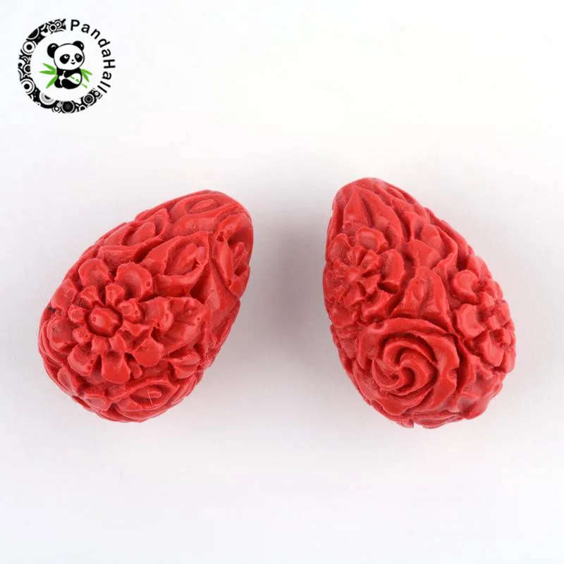 

50pcs Carved Flower Cinnabar Drop Beads, FireBrick, 20.5x13.5x13.5mm, Hole: 2mm