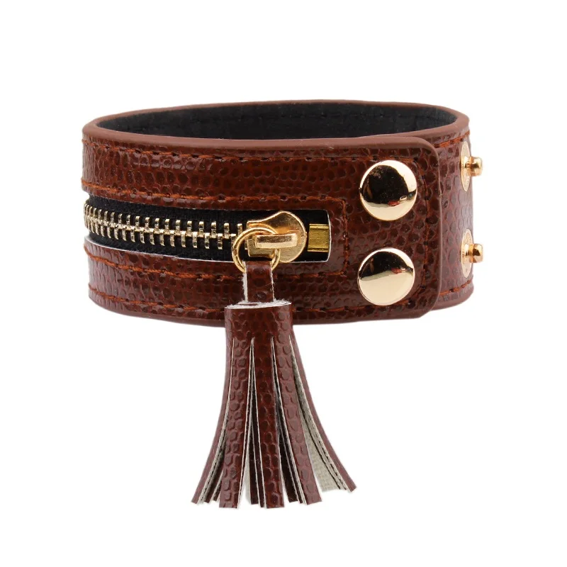 New Fashion Tasse Zipper Wide Leather Women Bracelet Trendy Adjustable Bracelets Bangles Woman Charm Jewelry Accessories - Окраска металла: colour4