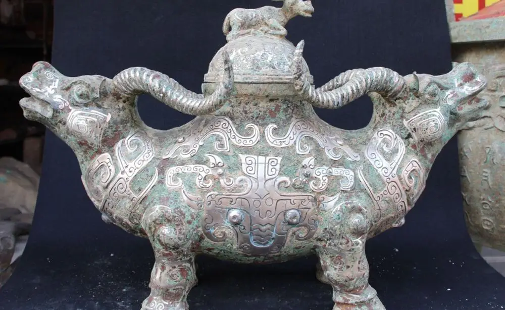 

Ancient Chinese Bronze Silver Sheep Goat Head Dragon Statue Zun Bottle Vase Pot