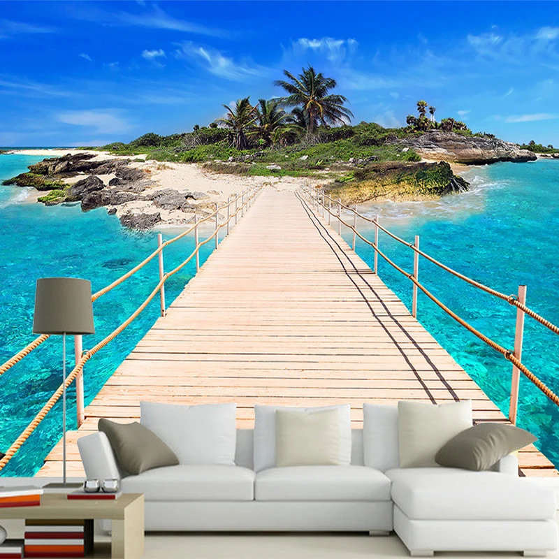 

Modern Seaside Landscape Wall Cloth 3D Wood Bridge Islands Wall Covering Mural Wallpaper Living Room TV Sofa Bedroom Home Decor