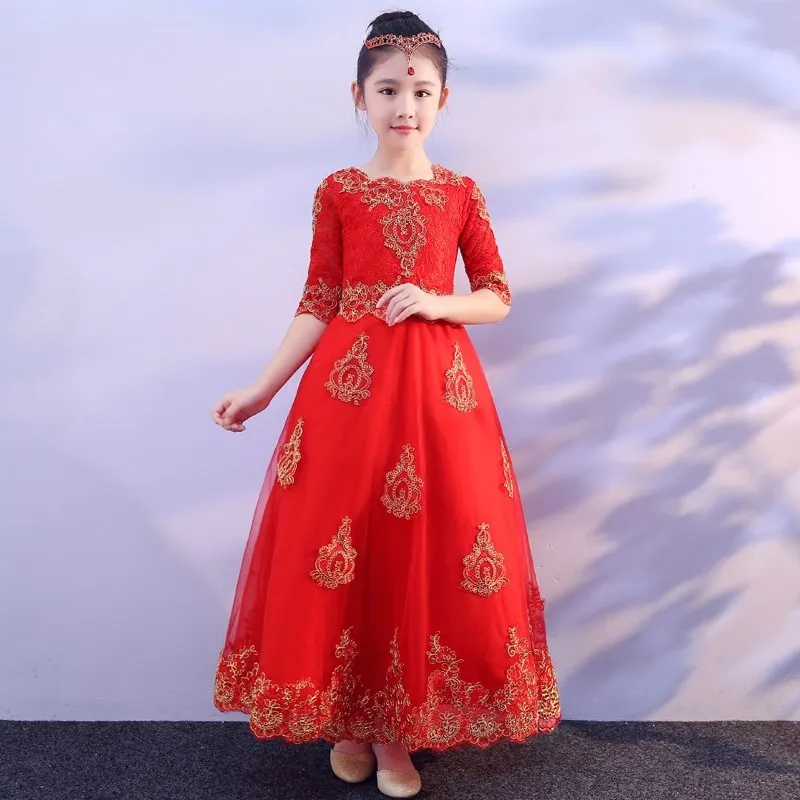 

Embroidery Vintage Red Flower Girl Dresses for Wedding Half Sleeve Royal Princess Dress Ball Gown Lace Kids Party Gowns Birthday